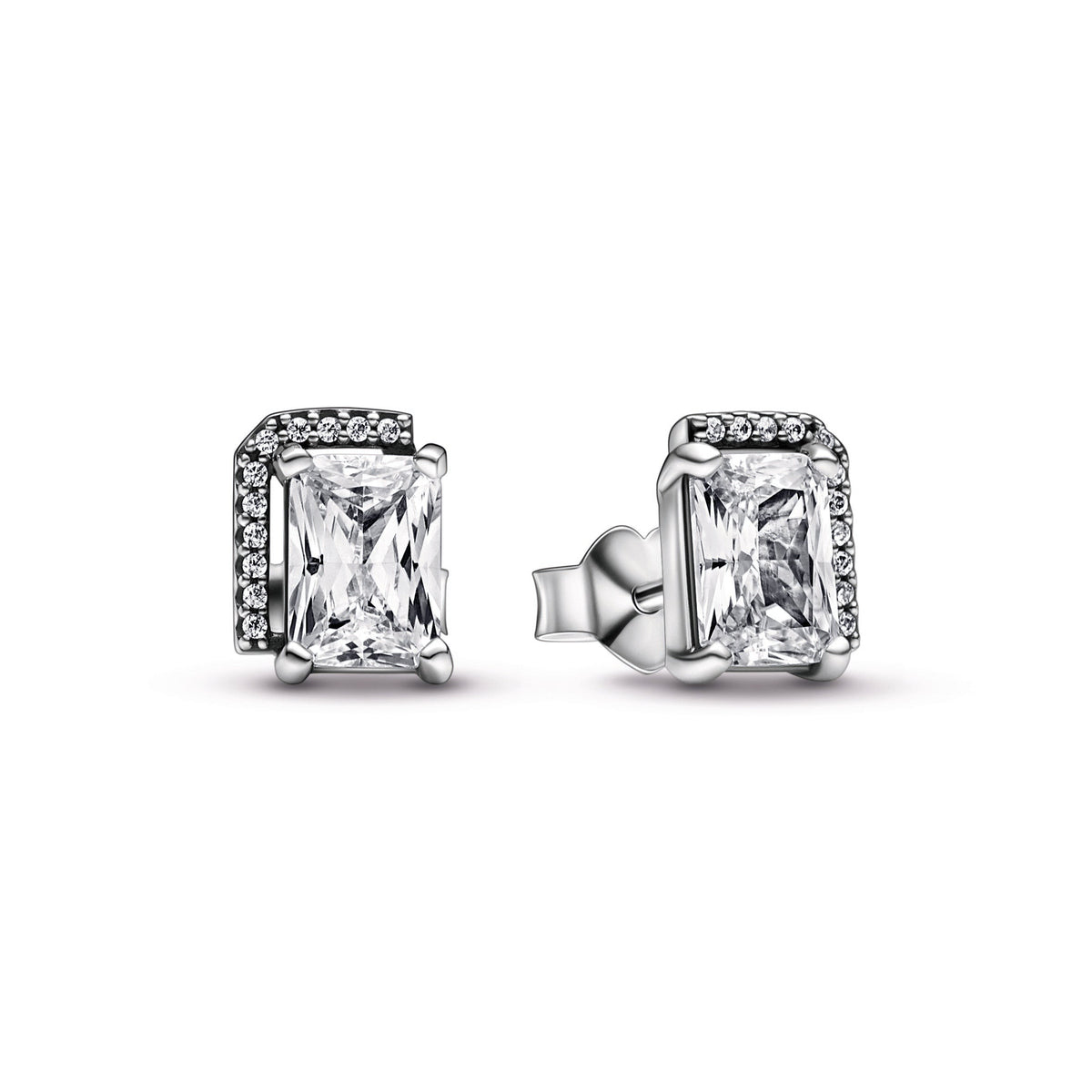 Stud Earrings – Sterling Silver – Rectangular Sparkling Halo