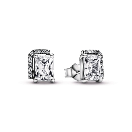 Stud Earrings – Sterling Silver – Rectangular Sparkling Halo