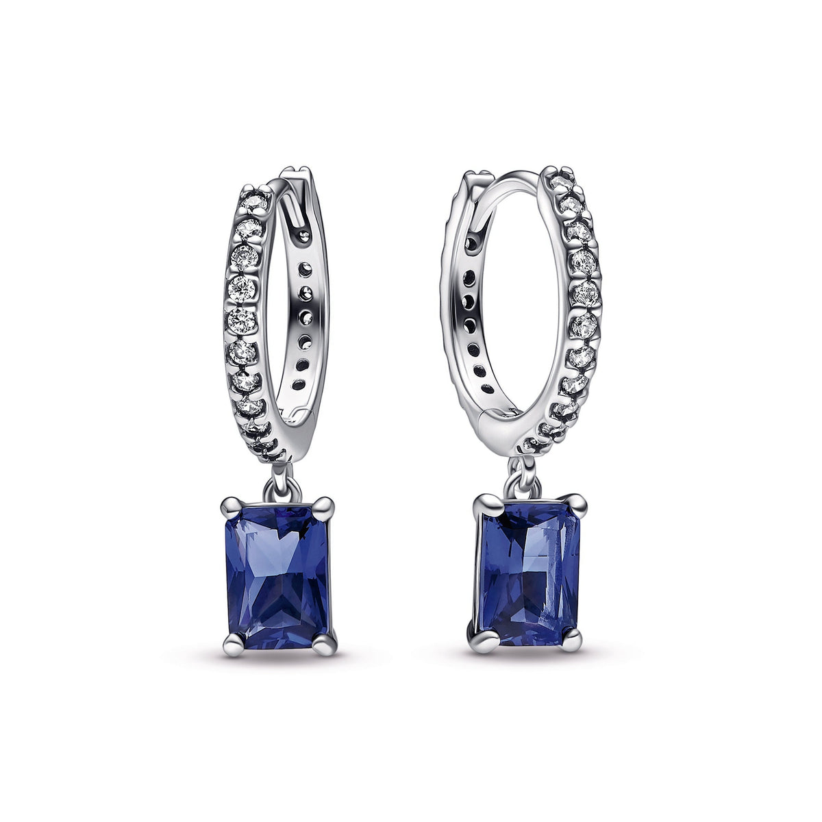 Hoop Earrings – Sterling Silver – Blue Rectangular Sparkling