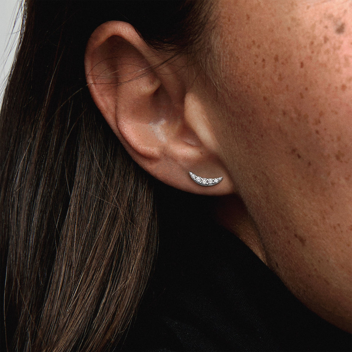 Stud Earrings – Sterling Silver – Sparkling Crescent Moon