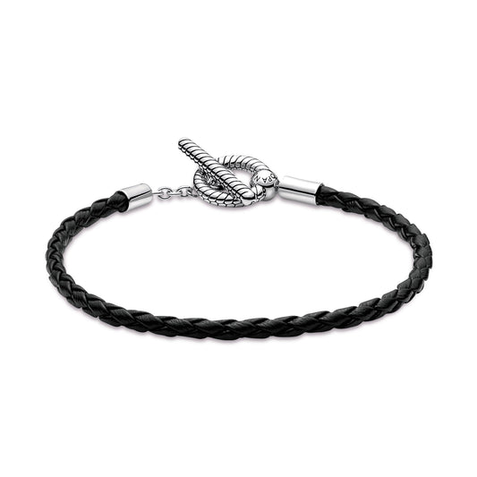 Bracelet – Sterling Silver – Pandora Moments Braided Leather T-bar