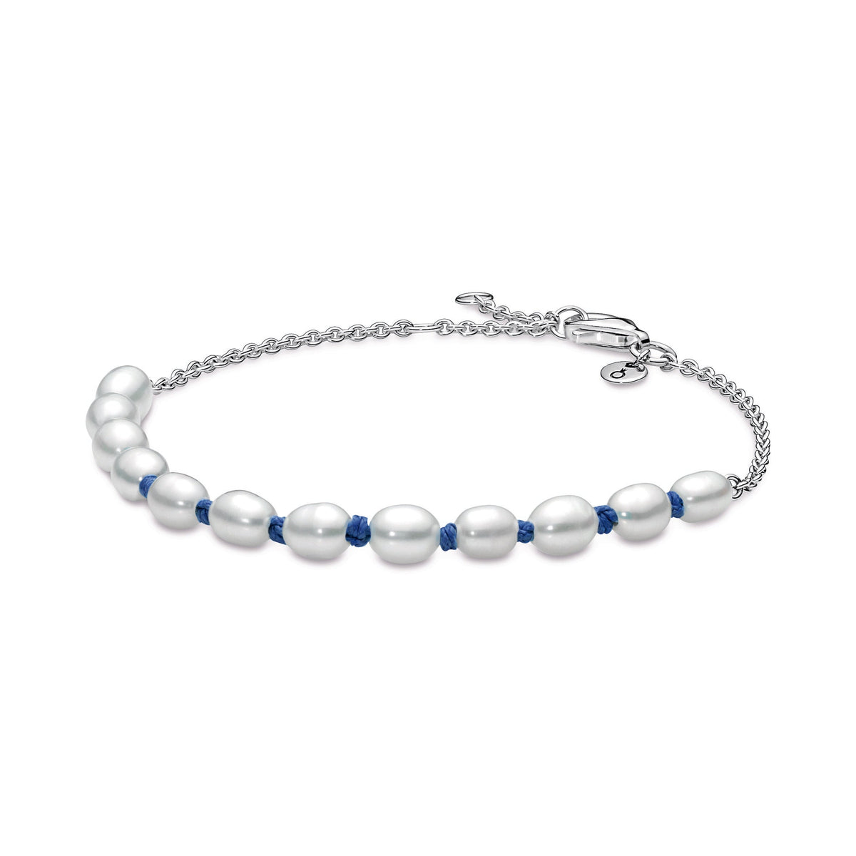 Chain Bracelet – Sterling Silver – Freshwater Cultured Pearl Blue Cord