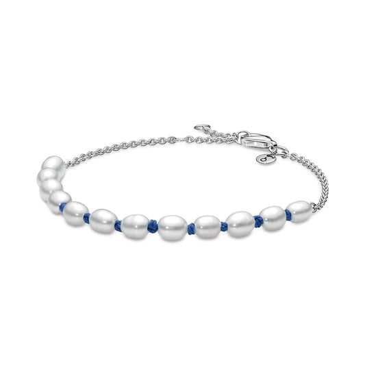 Chain Bracelet – Sterling Silver – Freshwater Cultured Pearl Blue Cord