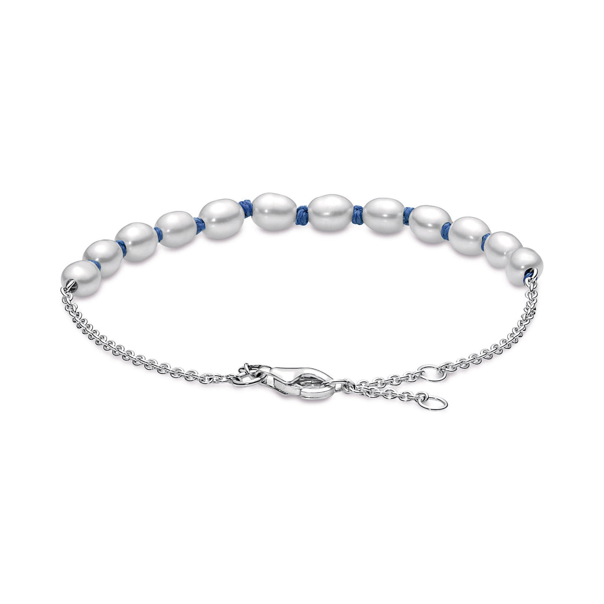 Chain Bracelet – Sterling Silver – Freshwater Cultured Pearl Blue Cord