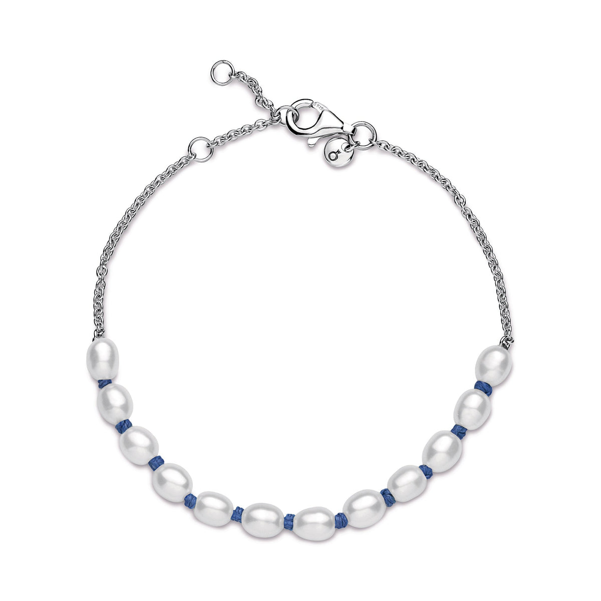 Chain Bracelet – Sterling Silver – Freshwater Cultured Pearl Blue Cord