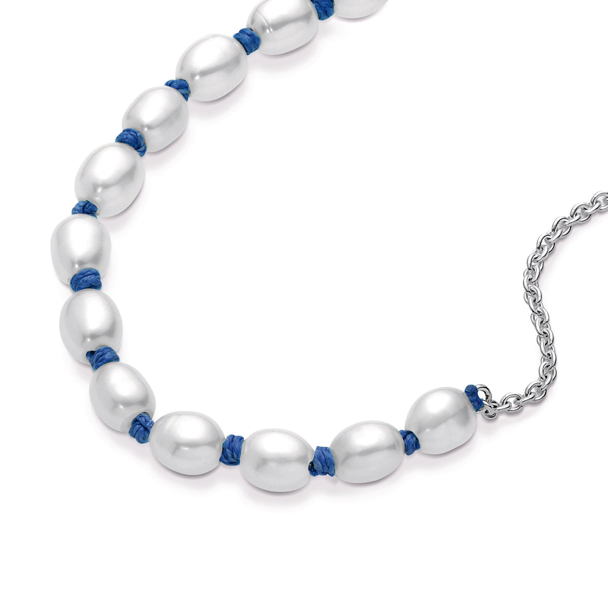 Chain Bracelet – Sterling Silver – Freshwater Cultured Pearl Blue Cord