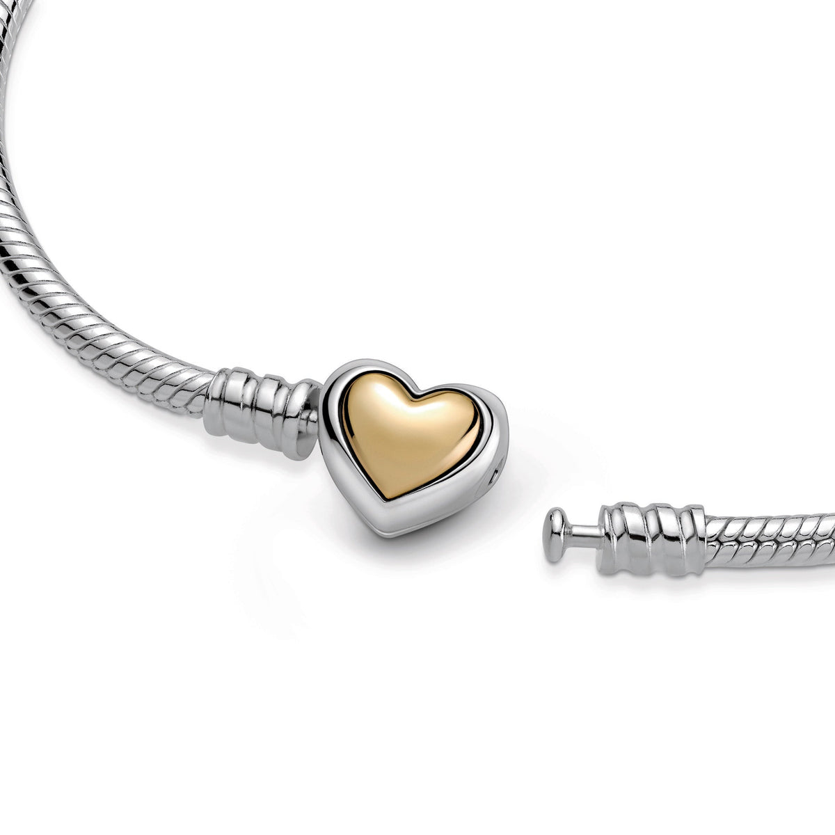 Chain Bracelet – Sterling Silver – Domed Golden Heart Clasp Snake