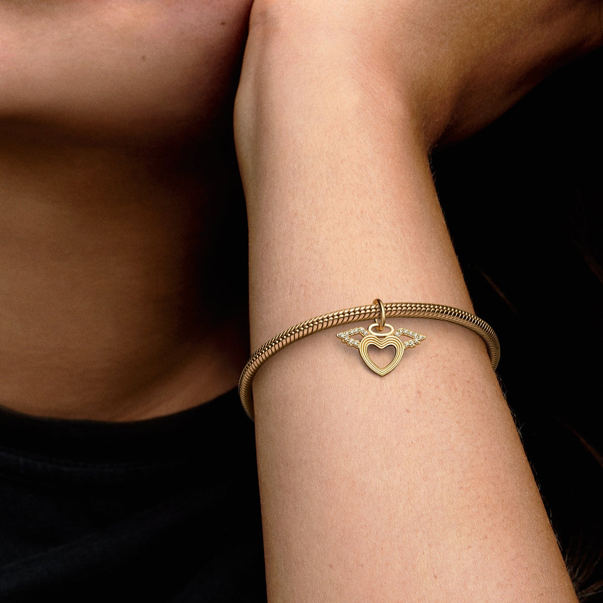 Dangle Charm – 14k Gold-Plated – Heart & Angel Wings