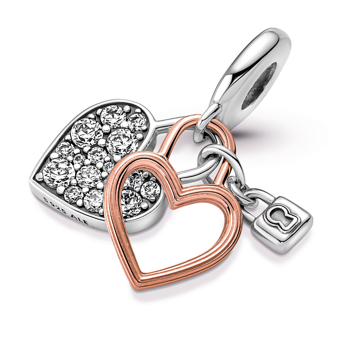 Dangle Charm – 14k Rose Gold-Plated – Heart Padlock Double