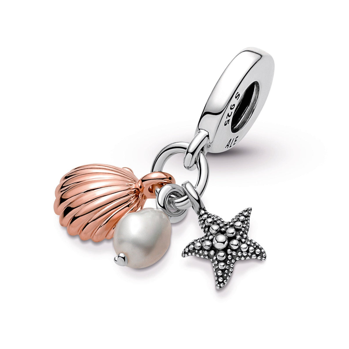 Dangle Charm – 14k Rose Gold-Plated – Freshwater Cultured Pearl, Starfish & Shell Triple