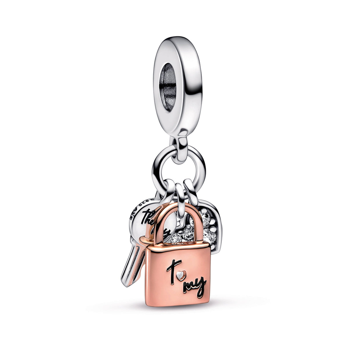 Dangle Charm – 14k Rose Gold-Plated – Two-tone Key, Padlock & Heart Triple