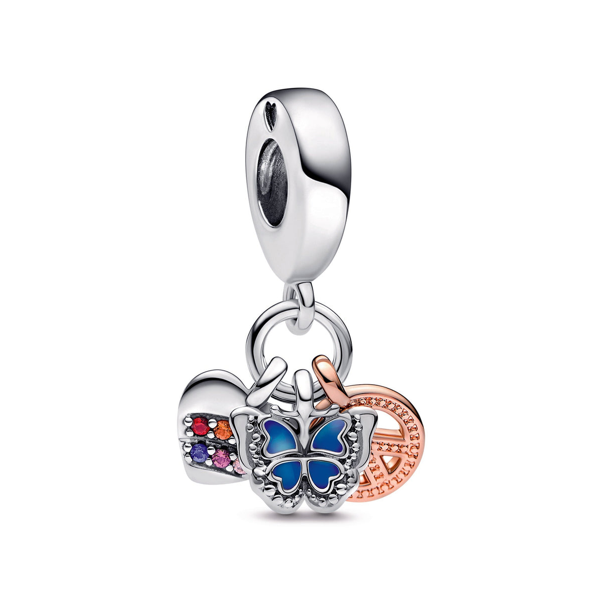 Dangle Charm – 14k Rose Gold-Plated – Two-Tone Rainbow Heart, Butterfly & Peace Triple