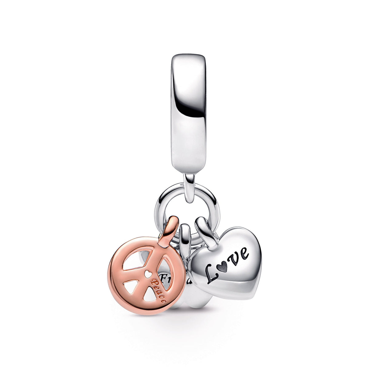 Dangle Charm – 14k Rose Gold-Plated – Two-Tone Rainbow Heart, Butterfly & Peace Triple