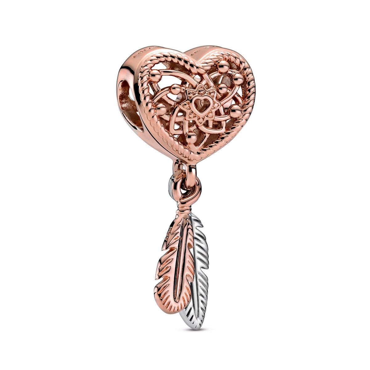 Charm – 14k Rose Gold-Plated – Openwork Heart & Two Feathers Dreamcatcher