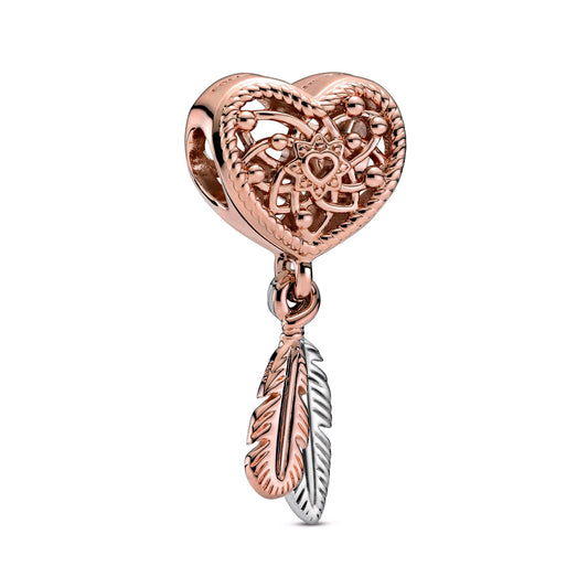 Charm – 14k Rose Gold-Plated – Openwork Heart & Two Feathers Dreamcatcher