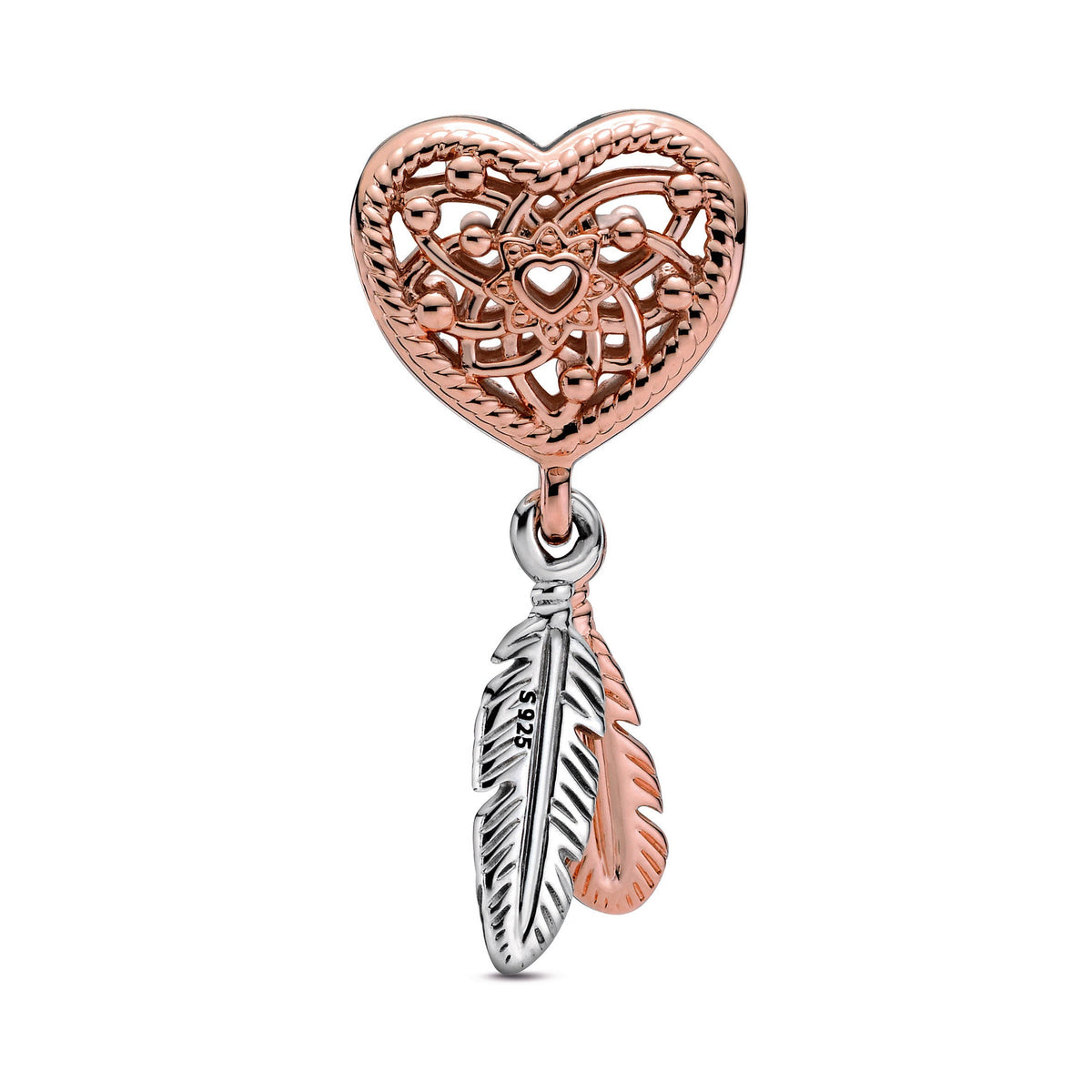 Charm – 14k Rose Gold-Plated – Openwork Heart & Two Feathers Dreamcatcher