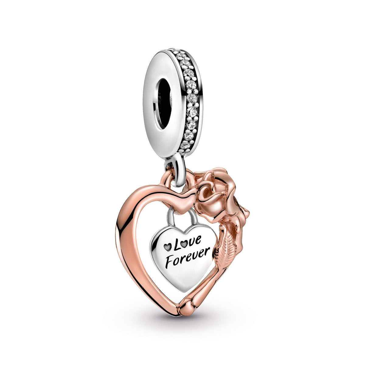 Dangle Charm – 14k Rose Gold-Plated – Heart & Rose Flower