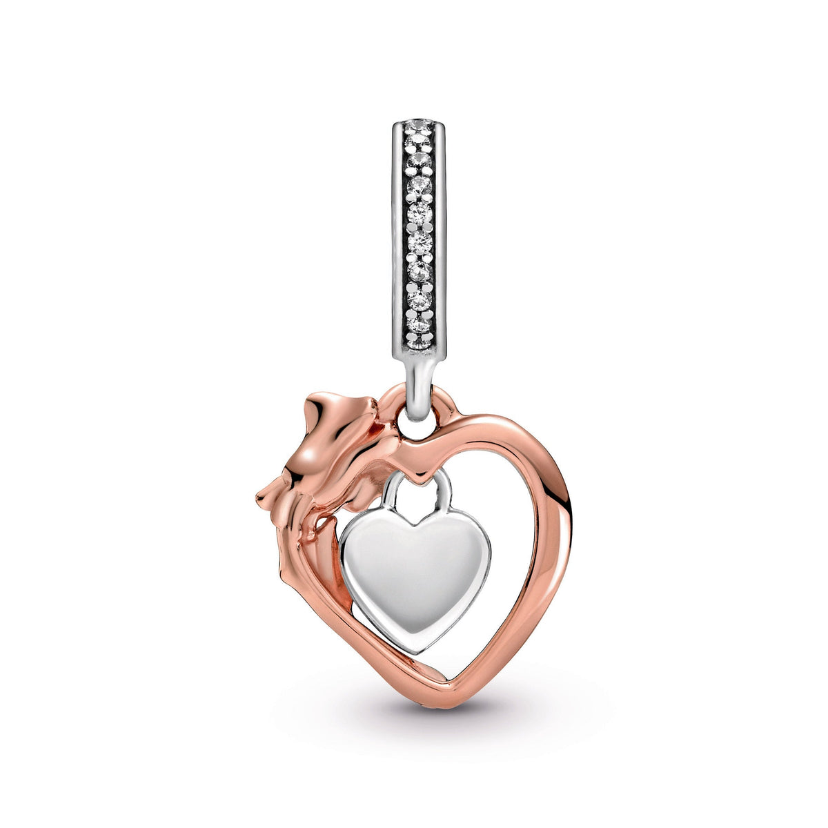 Dangle Charm – 14k Rose Gold-Plated – Heart & Rose Flower