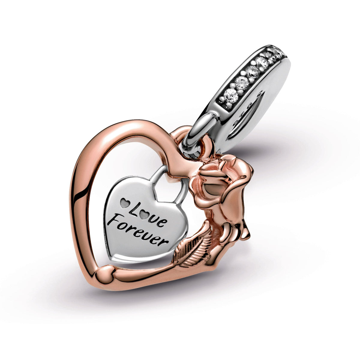 Dangle Charm – 14k Rose Gold-Plated – Heart & Rose Flower