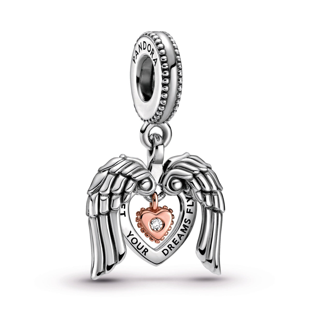 Dangle Charm – 14k Rose Gold-Plated – Pandora Club 2021 Angel Wings & Heart