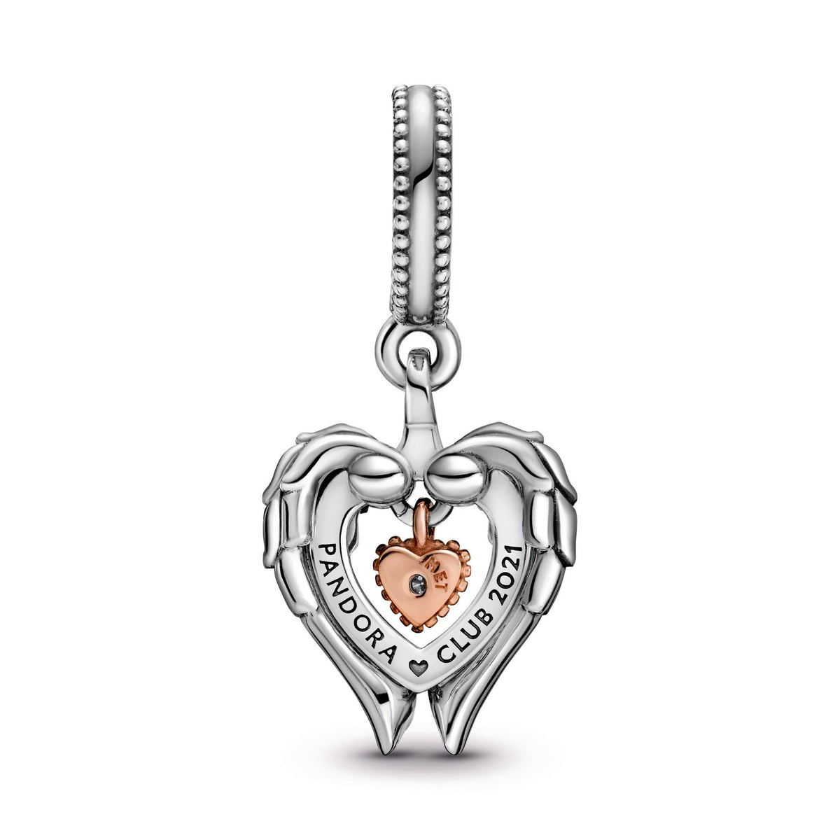 Dangle Charm – 14k Rose Gold-Plated – Pandora Club 2021 Angel Wings & Heart
