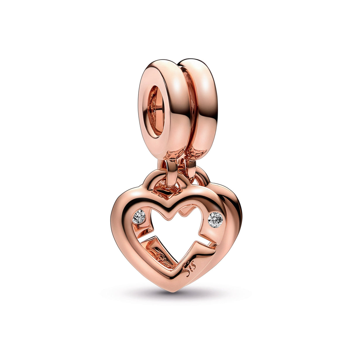 Dangle Charm – 14k Rose Gold-Plated – Linked Sister Hearts Split