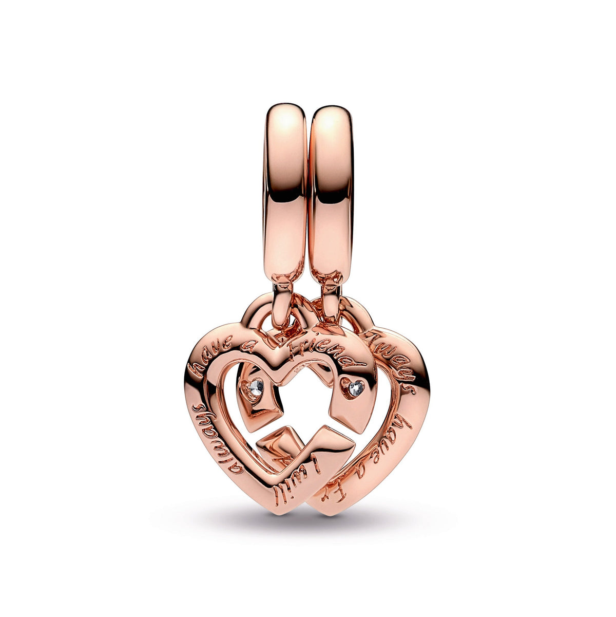 Dangle Charm – 14k Rose Gold-Plated – Linked Sister Hearts Split