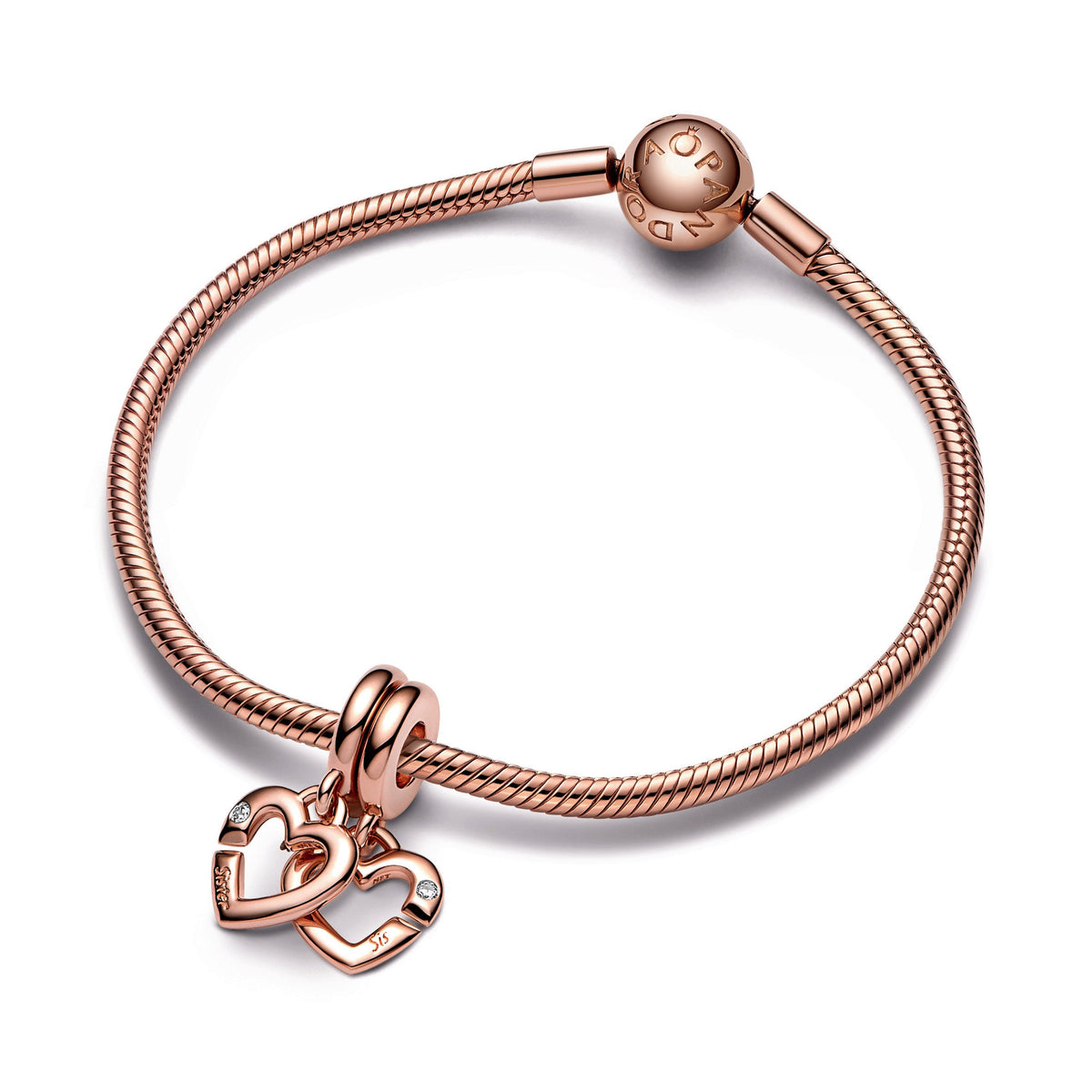 Dangle Charm – 14k Rose Gold-Plated – Linked Sister Hearts Split