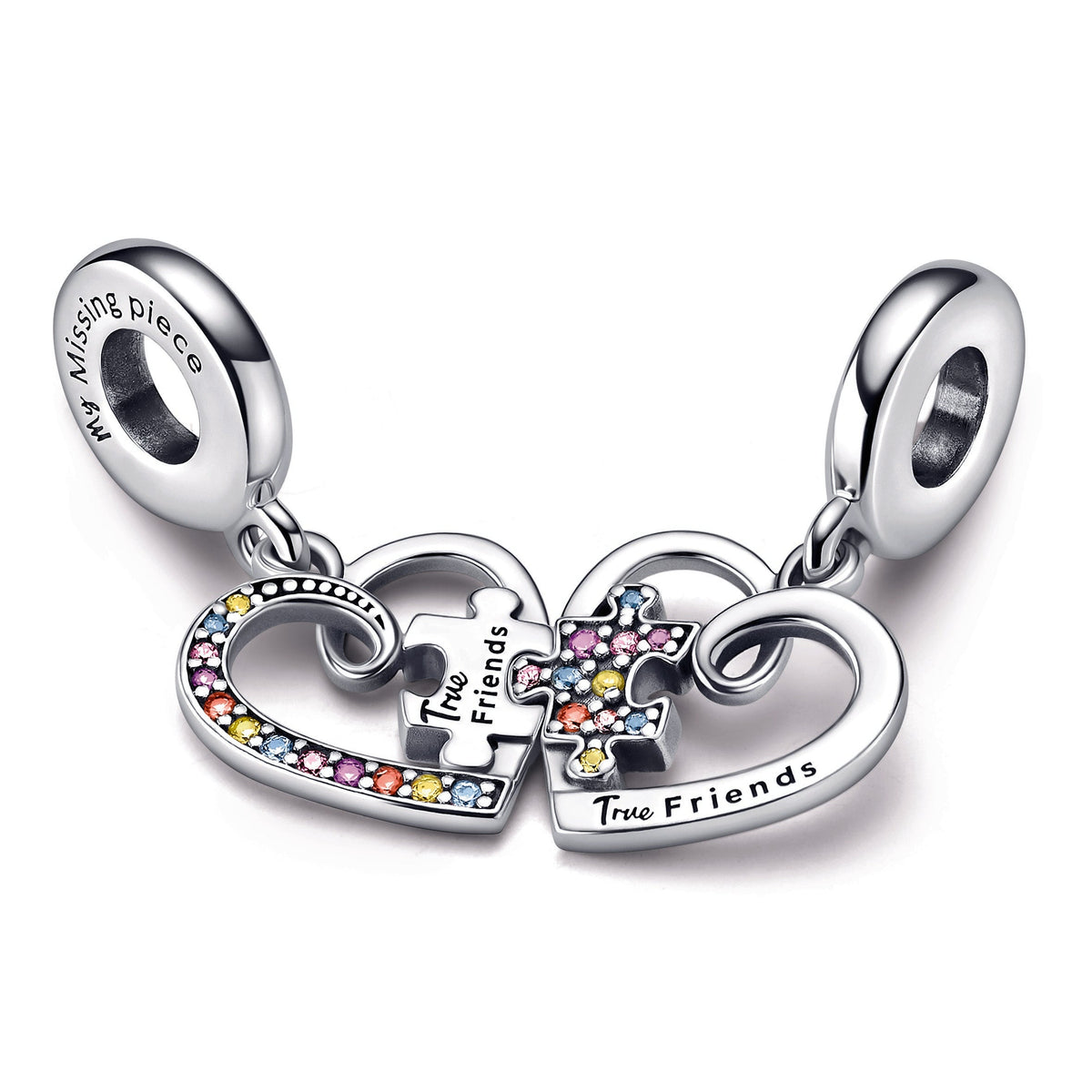 Dangle Charm – Sterling Silver – Puzzle Piece Hearts Splittable Friendship