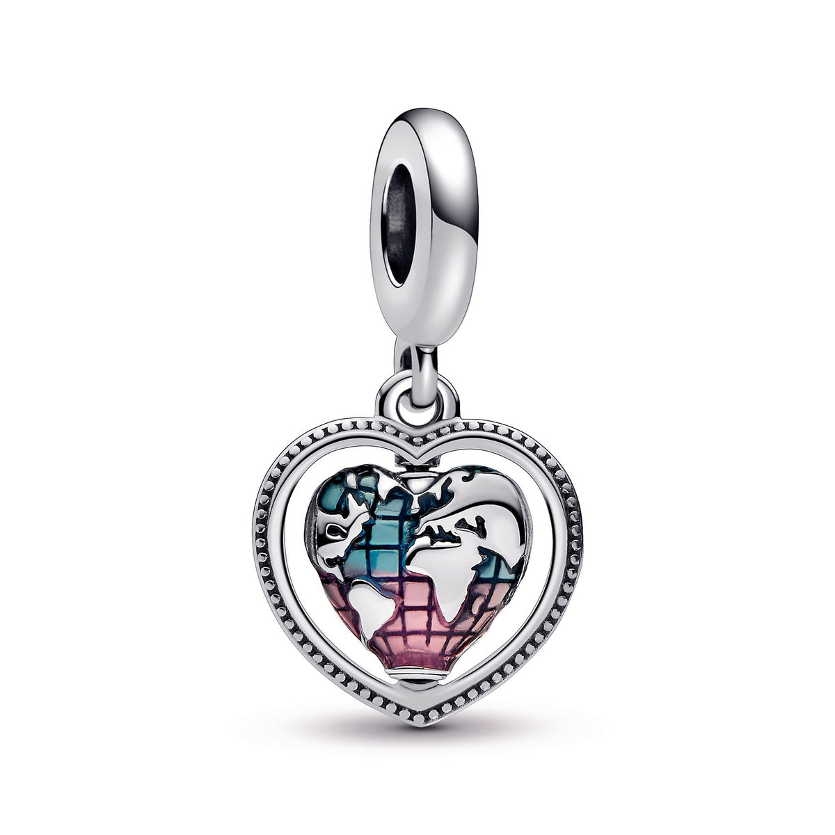 Dangle Charm – Sterling Silver – Family Spinning Heart Globe