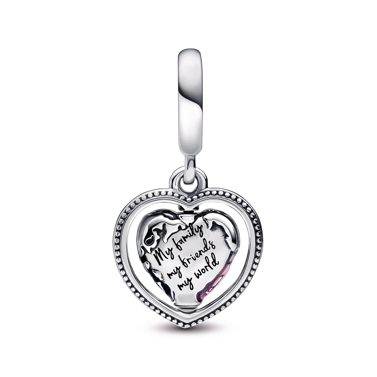 Dangle Charm – Sterling Silver – Family Spinning Heart Globe