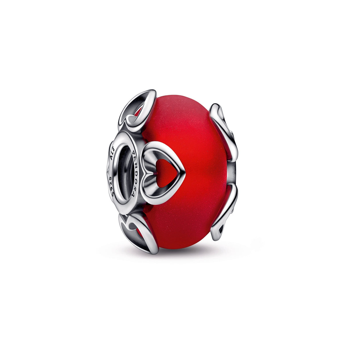 Charm – Sterling Silver – Frosted Red Murano Glass & Hearts