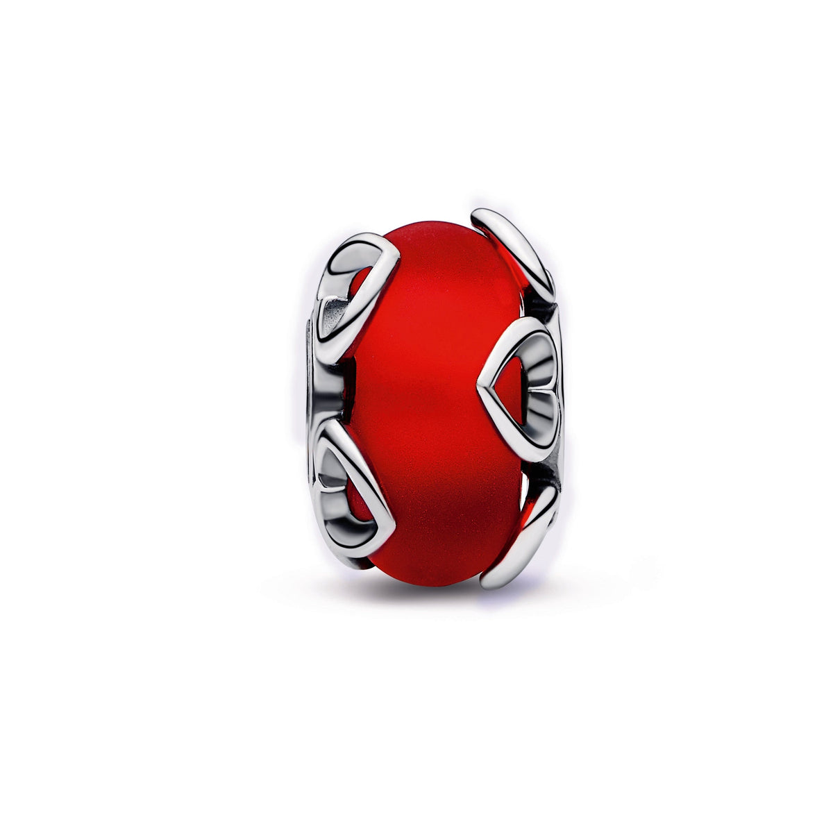 Charm – Sterling Silver – Frosted Red Murano Glass & Hearts