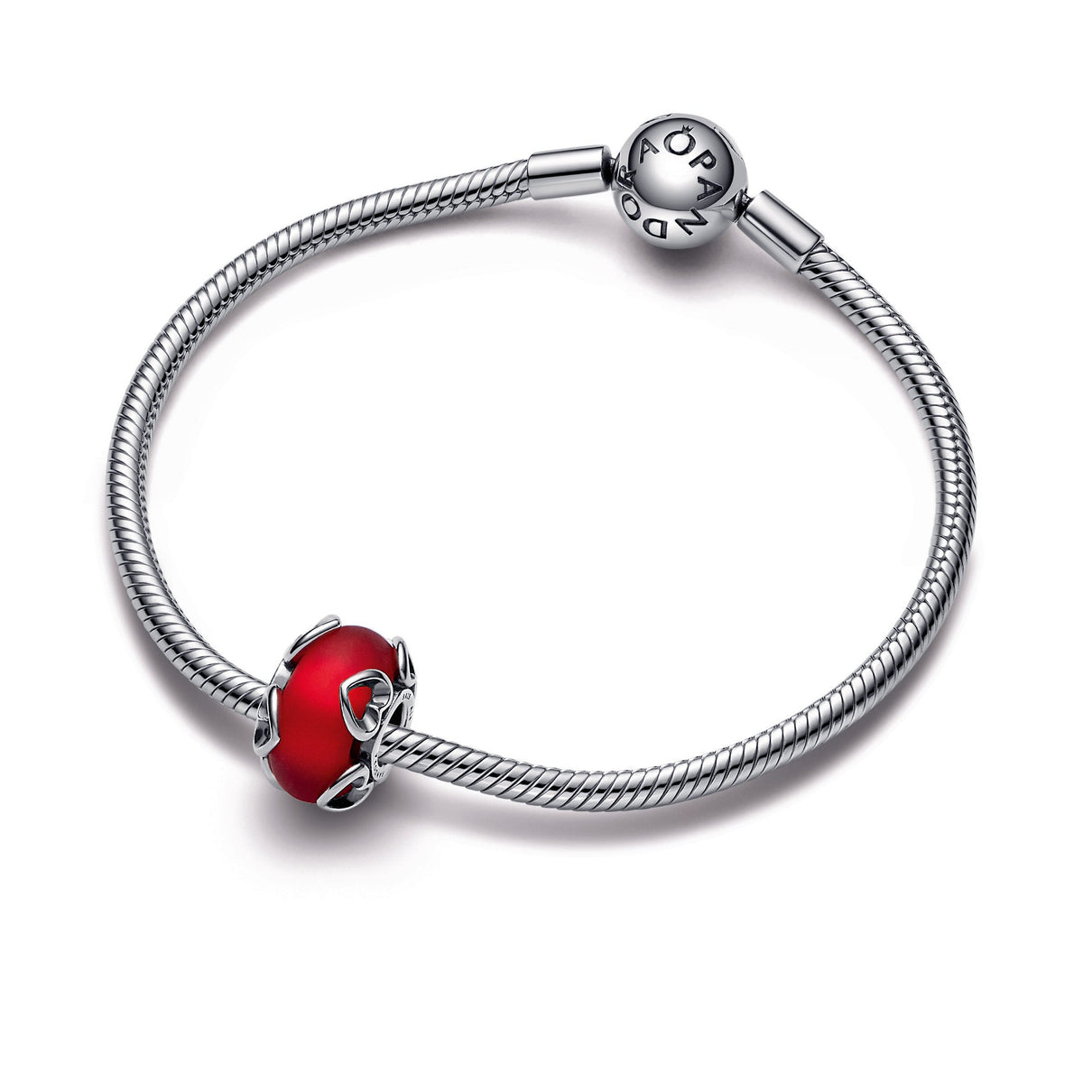 Charm – Sterling Silver – Frosted Red Murano Glass & Hearts