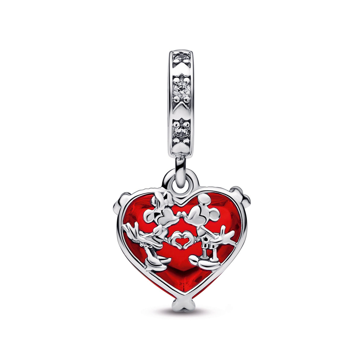 Dangle Charm – Sterling Silver – Disney Mickey & Minnie Mouse Kiss Red Murano Glass