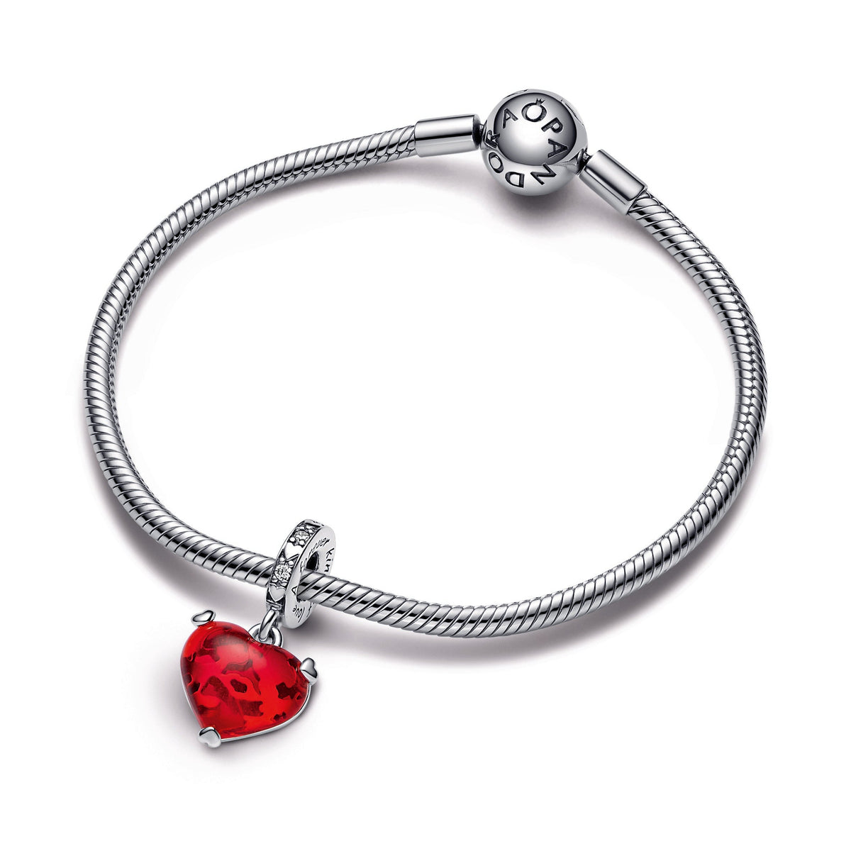 Dangle Charm – Sterling Silver – Disney Mickey & Minnie Mouse Kiss Red Murano Glass