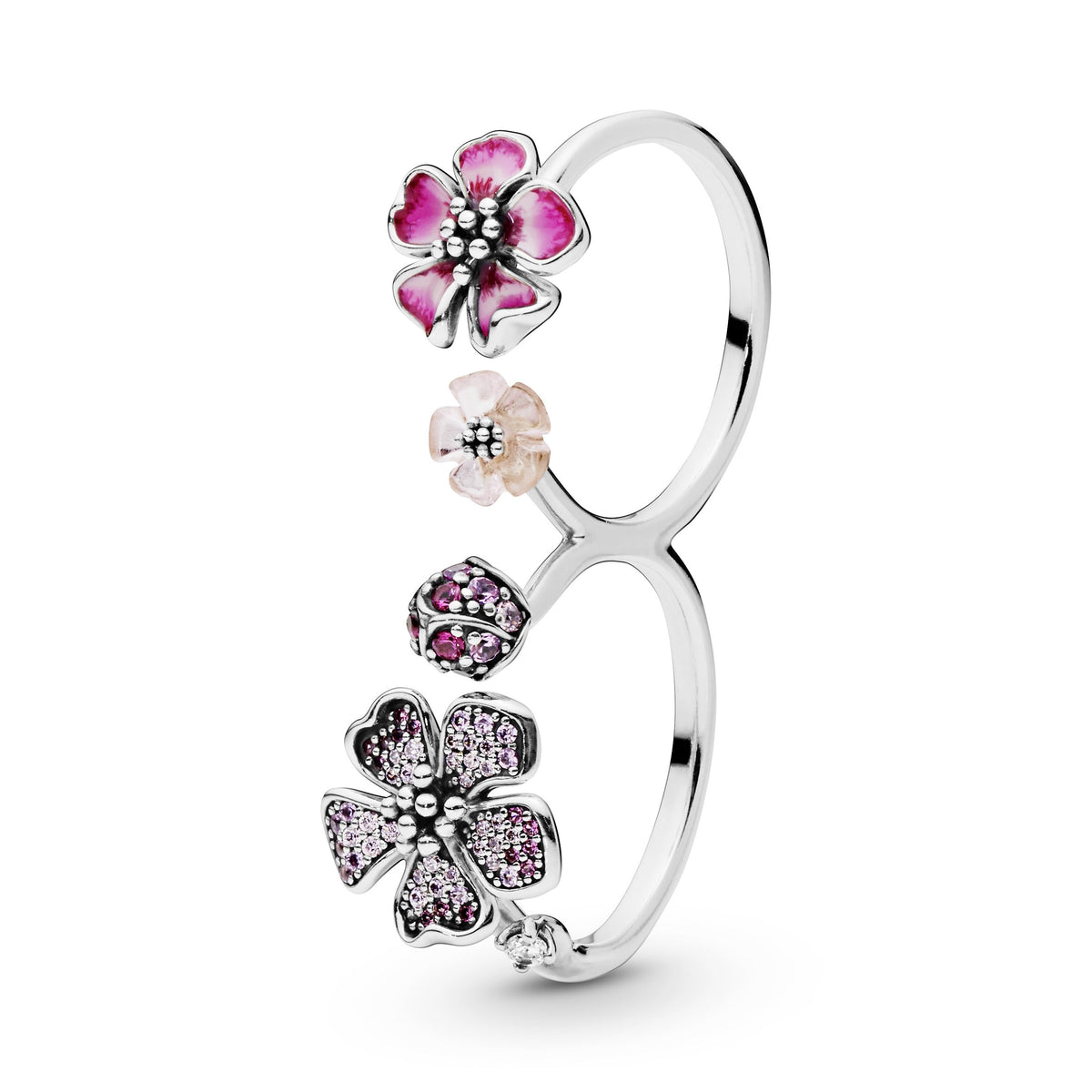 Ring – Sterling Silver – Pink Peach Blossom Flower Double Finger