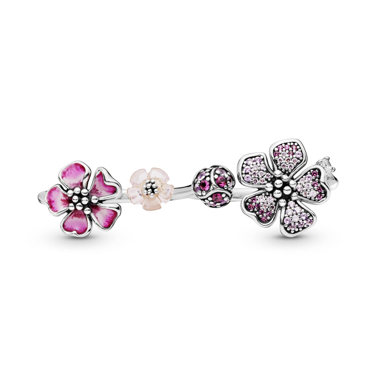 Ring – Sterling Silver – Pink Peach Blossom Flower Double Finger