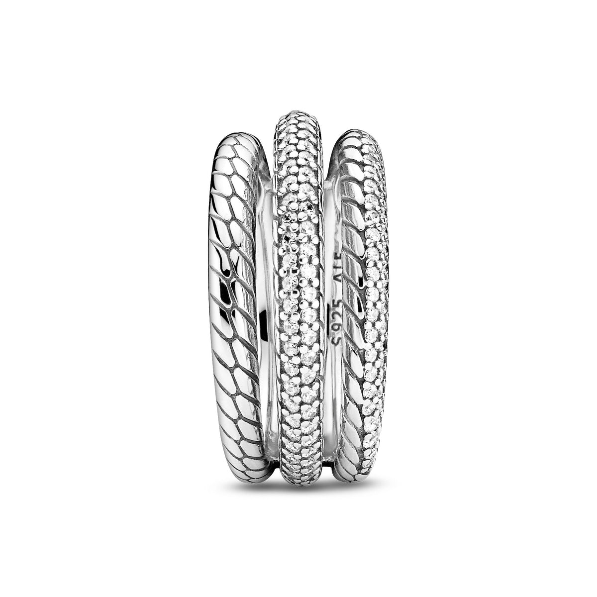 Ring – Sterling Silver – Triple Band Pavé Snake Chain Pattern