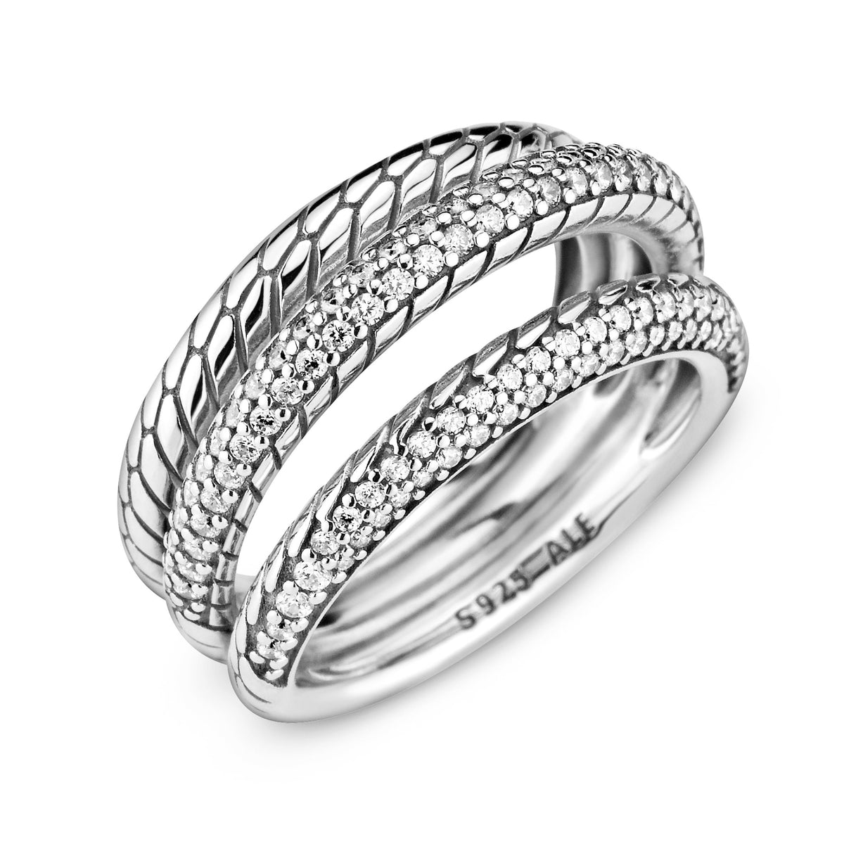 Ring – Sterling Silver – Triple Band Pavé Snake Chain Pattern