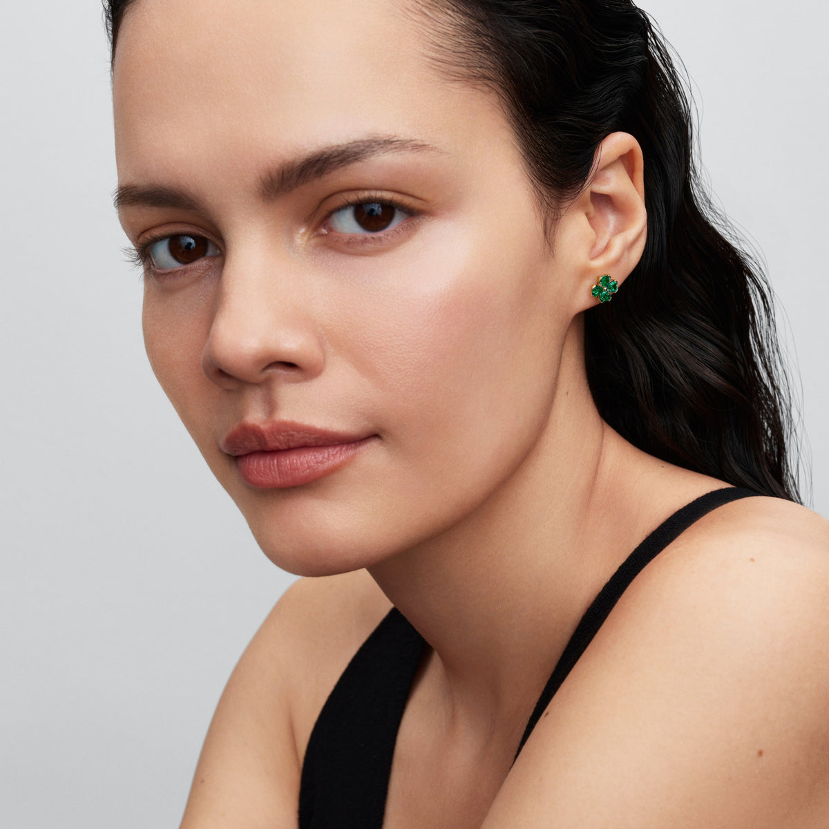 Stud Earrings – 14k Gold-Plated – Green Lucky Clover