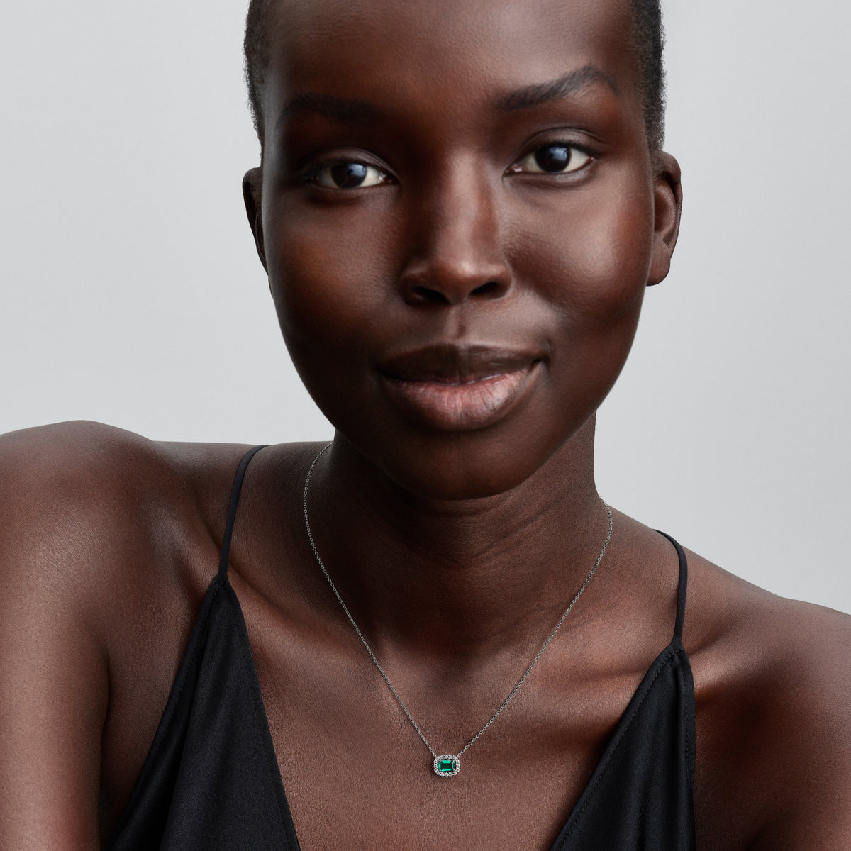 Pendant Necklace – Sterling Silver – Rectangular Sparkling Green Halo
