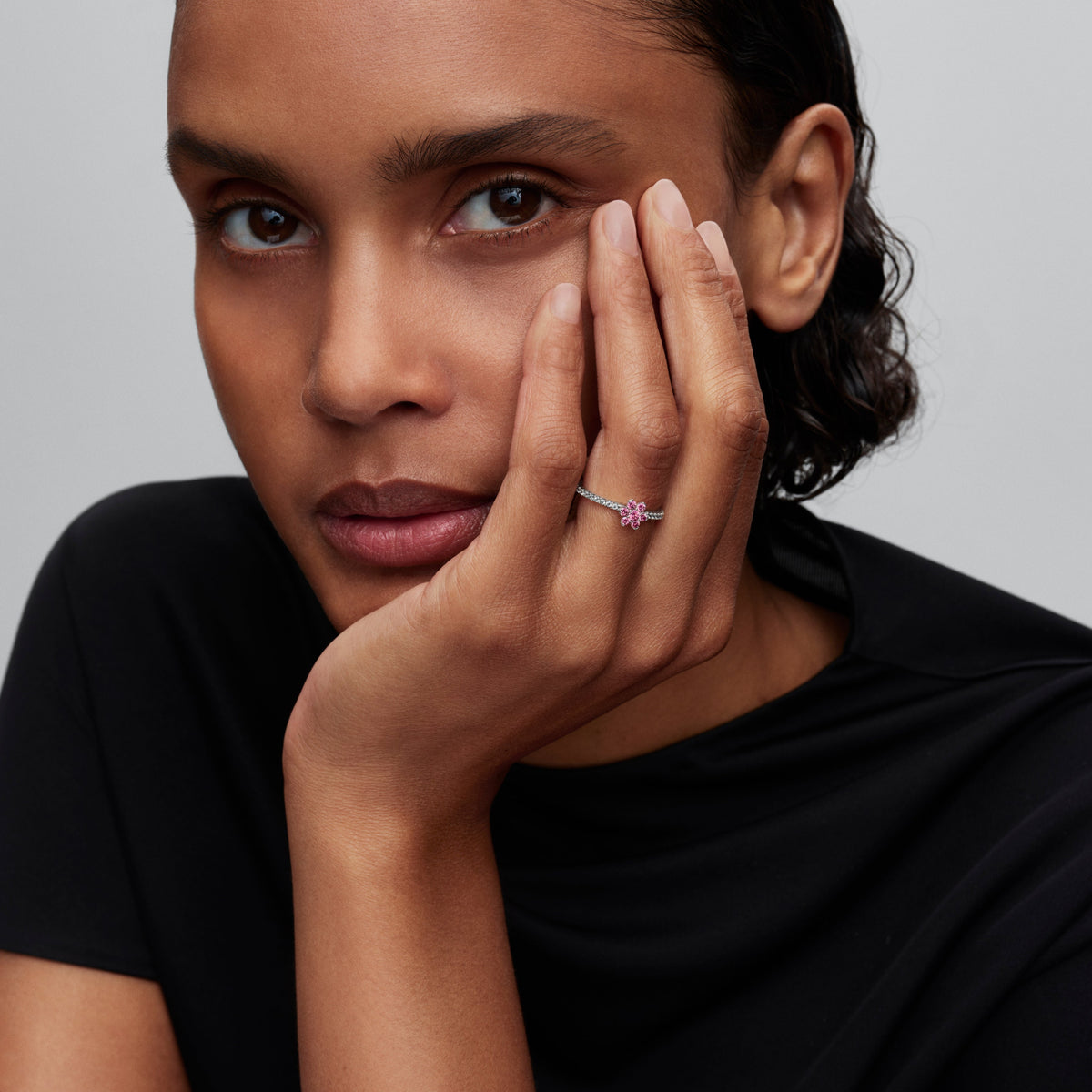 Ring – Sterling Silver – Sparkling Pink Flower