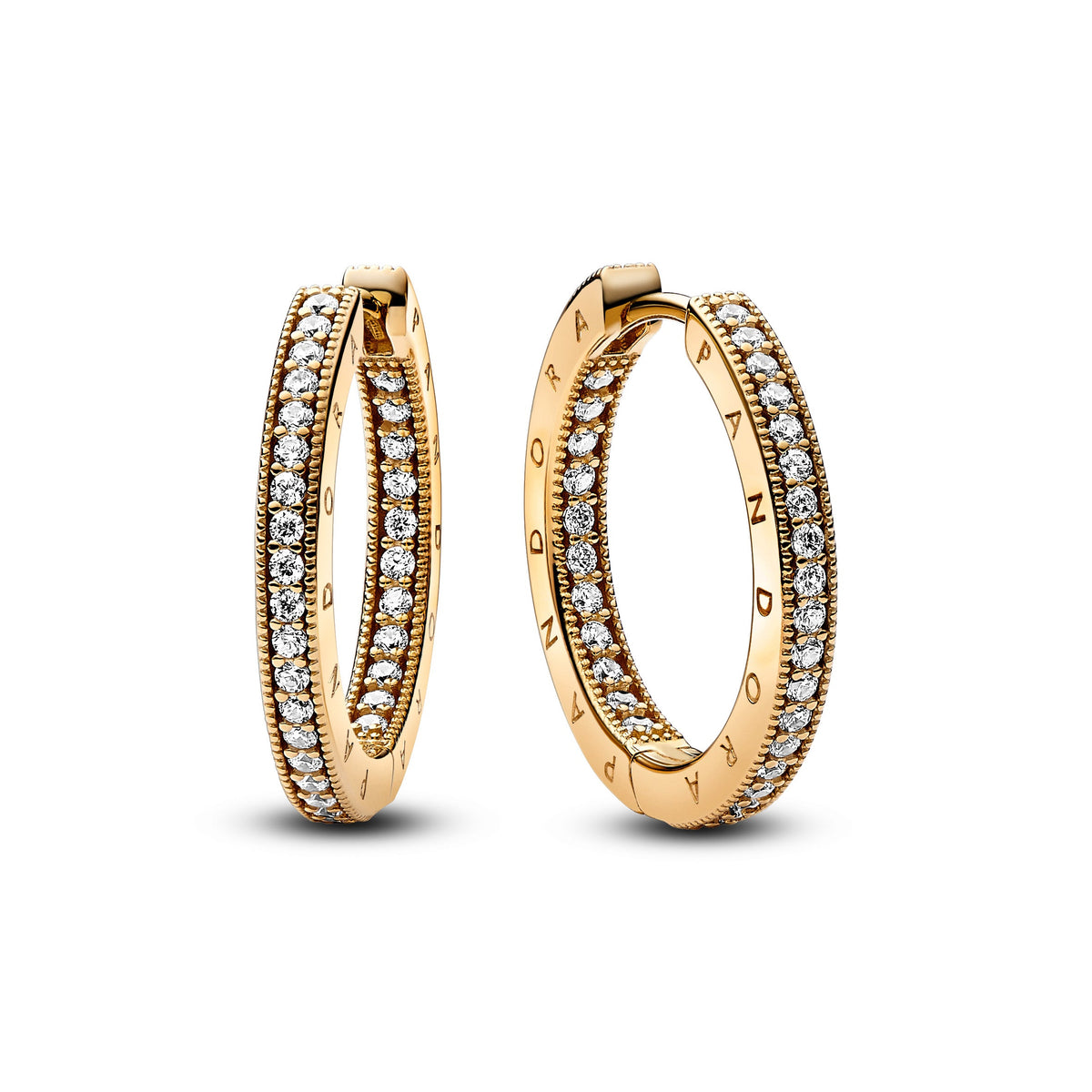 Hoop Earrings – 14k Gold-Plated – Pandora Signature Logo & Pavé