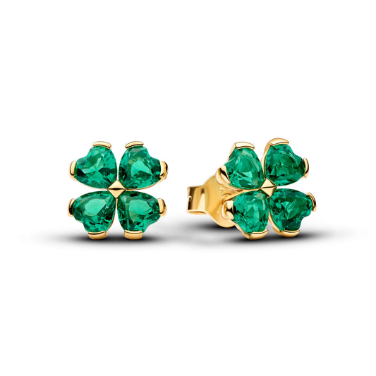 Stud Earrings – 14k Gold-Plated – Green Lucky Clover