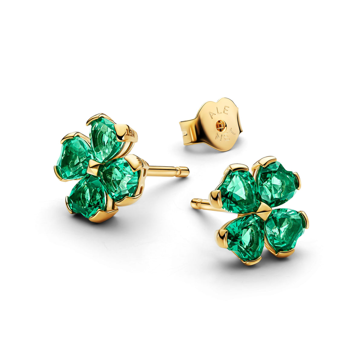Stud Earrings – 14k Gold-Plated – Green Lucky Clover