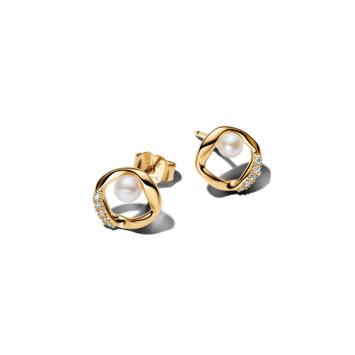 Stud Earrings – 14k Gold-Plated – Organically Shaped Pavé Circle & Treated Freshwater Cultured Pearl