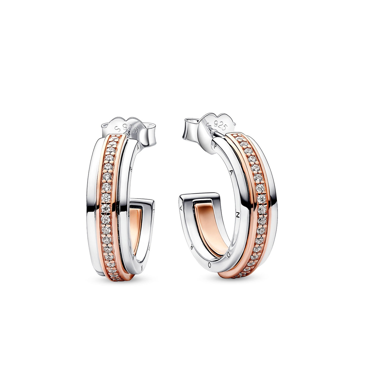 Hoop Earrings – 14k Rose Gold-Plated – Pandora Signature Two tone Logo & Pavé