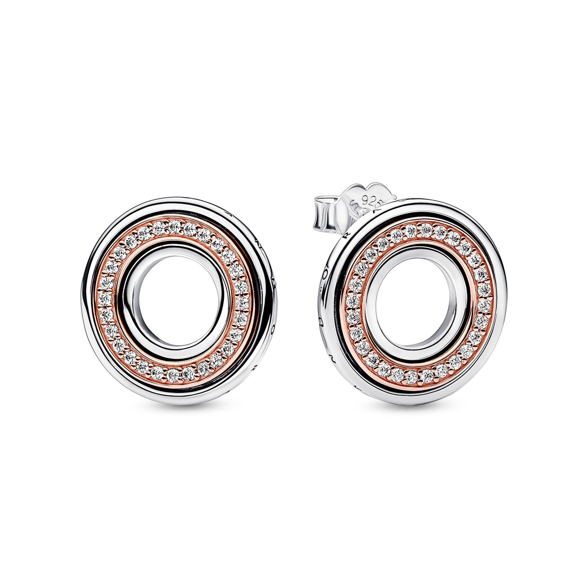 Stud Earrings – 14k Rose Gold-Plated – Pandora Signature Two tone Logo & Pavé