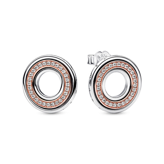 Stud Earrings – 14k Rose Gold-Plated – Pandora Signature Two tone Logo & Pavé